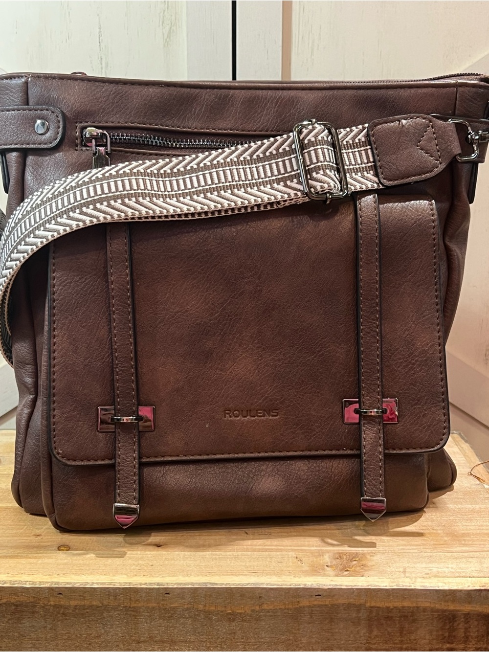 ROULENS Brown Faux LeatherCrossbody Bag ShoulderMessenger Boho Casual Indie
